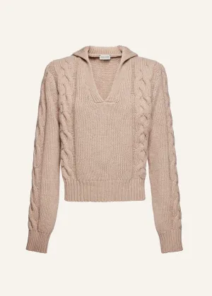 Cashmere cable knit polo sweater in beige