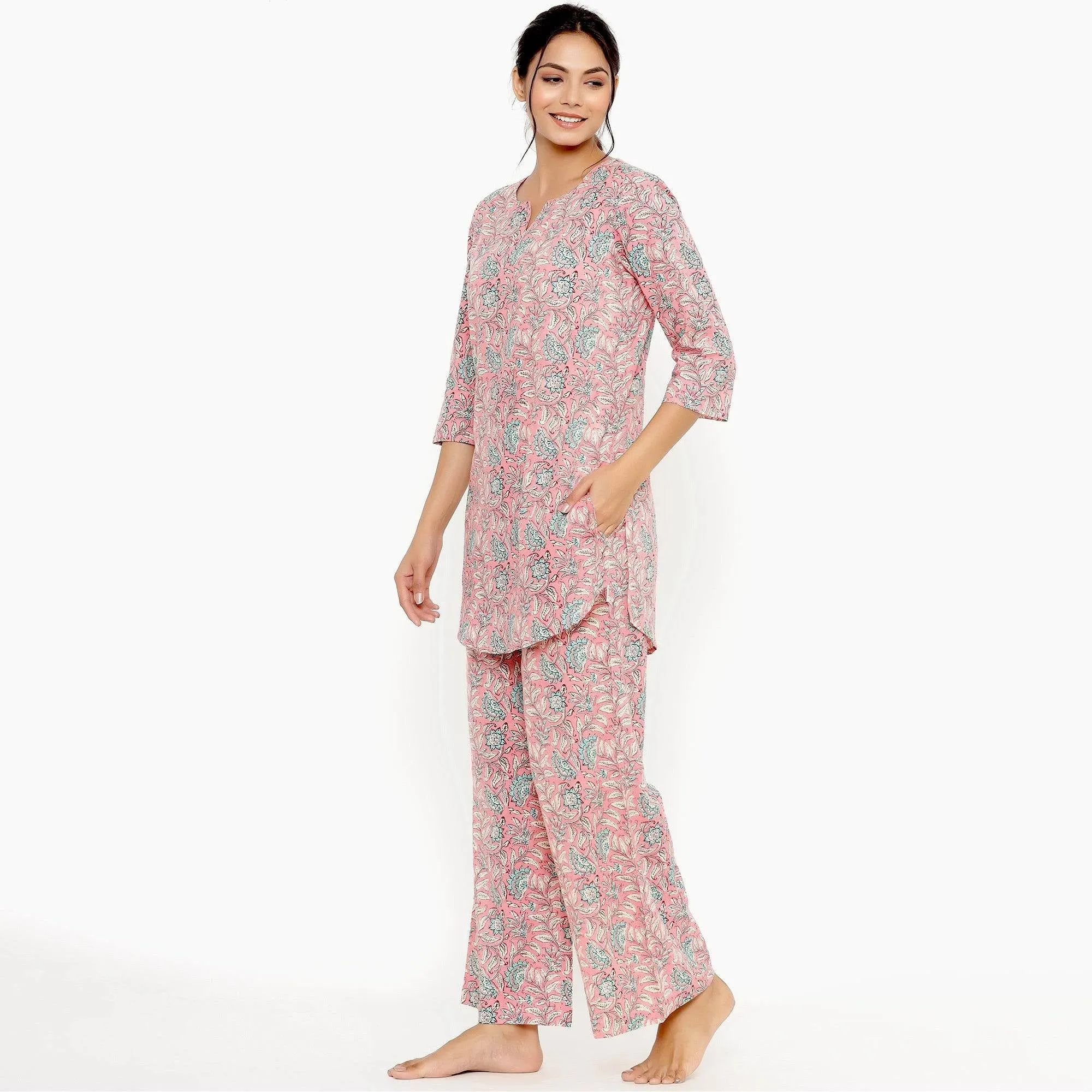 Delicate Jaal On Pink Loungewear Top Set