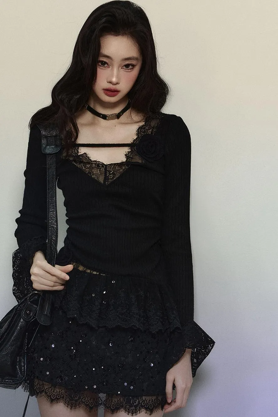Delicate Lace Trim Knit Top
