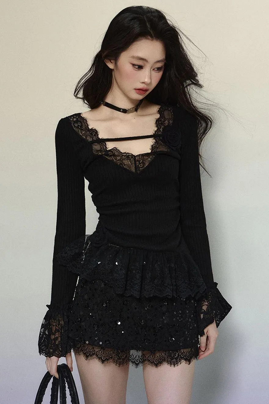 Delicate Lace Trim Knit Top