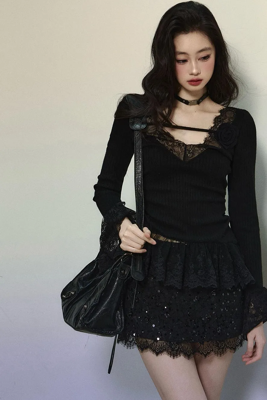 Delicate Lace Trim Knit Top