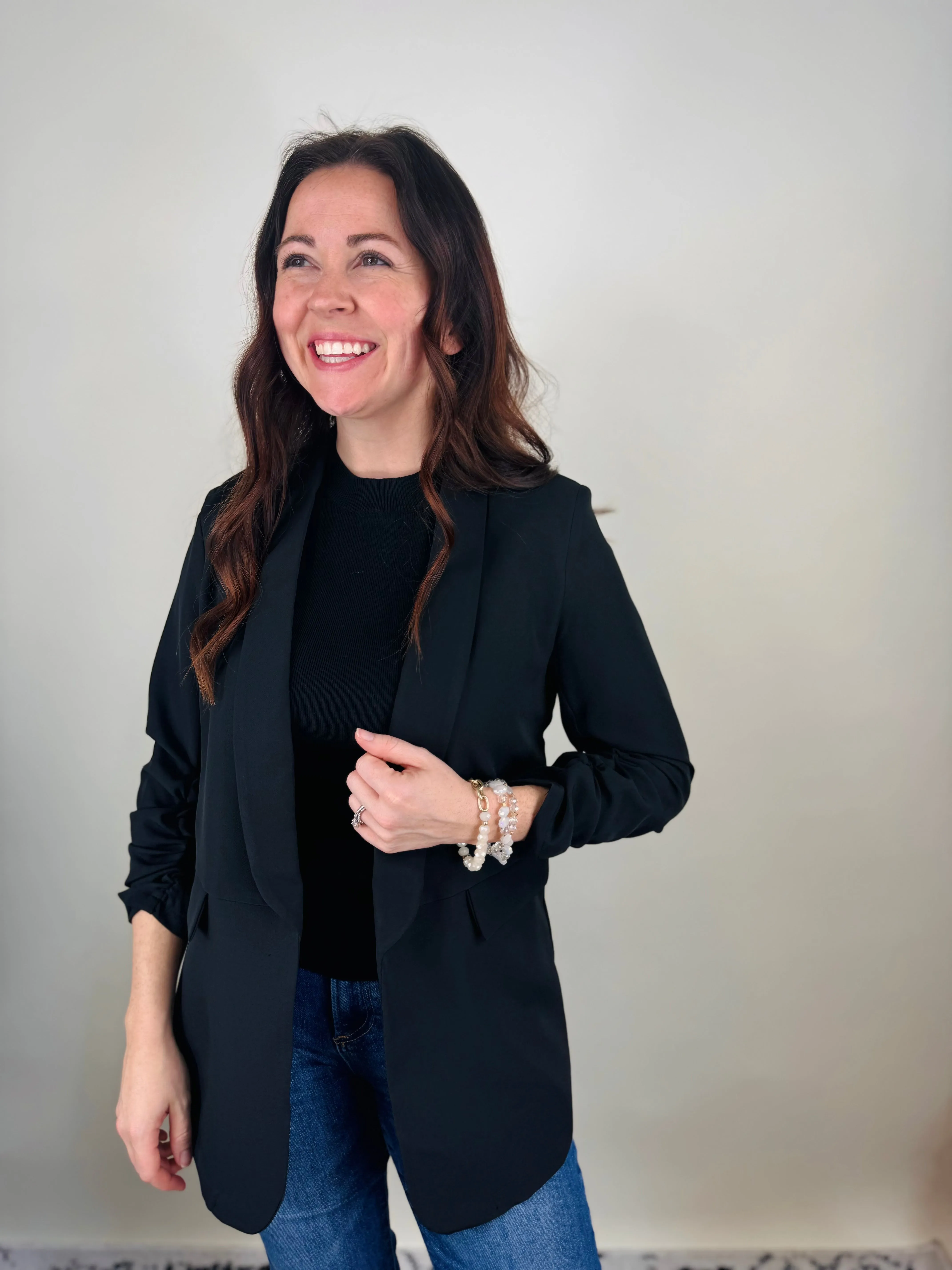 Full Disclosure Ruched Sleeve Blazer