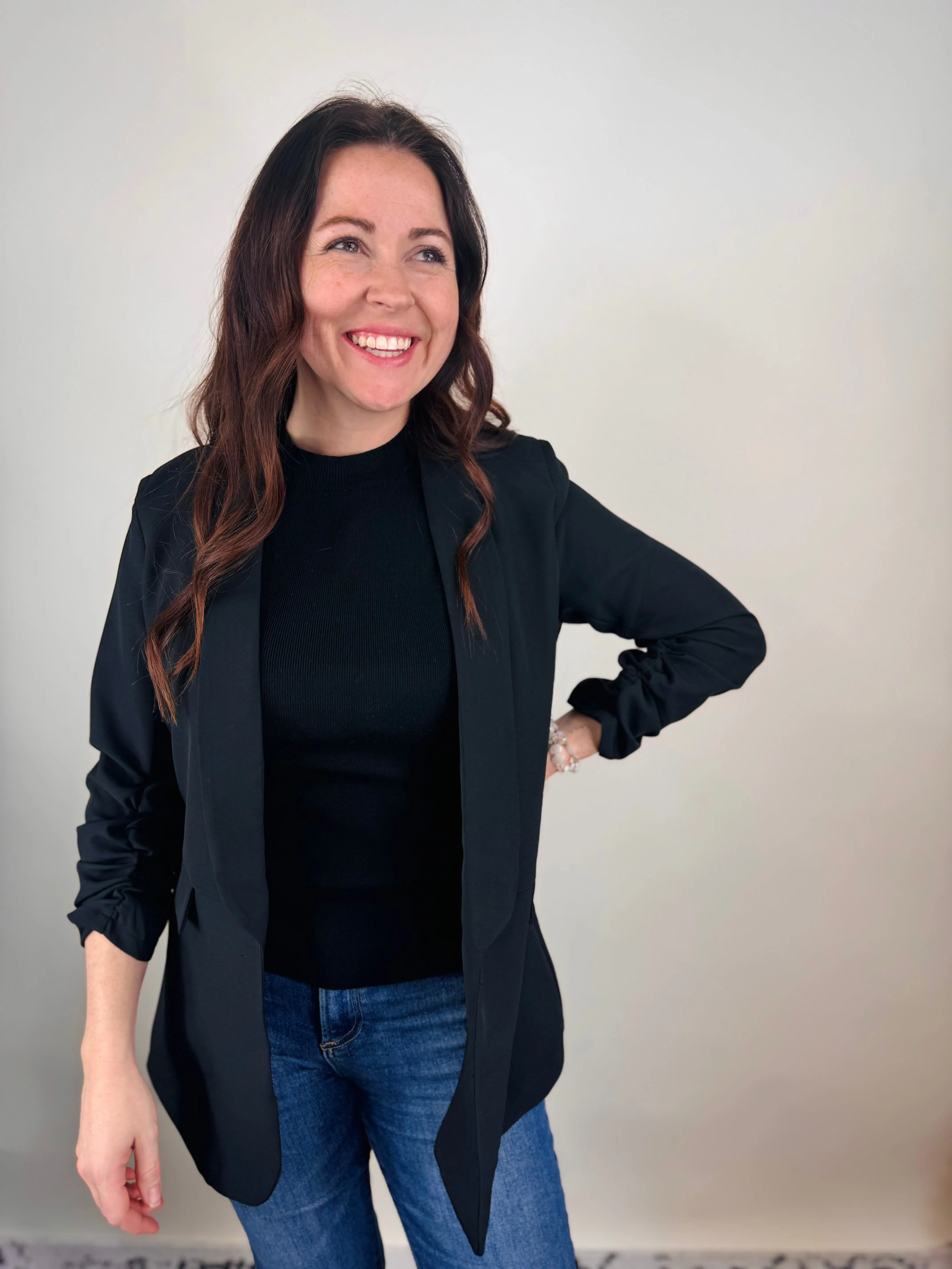 Full Disclosure Ruched Sleeve Blazer