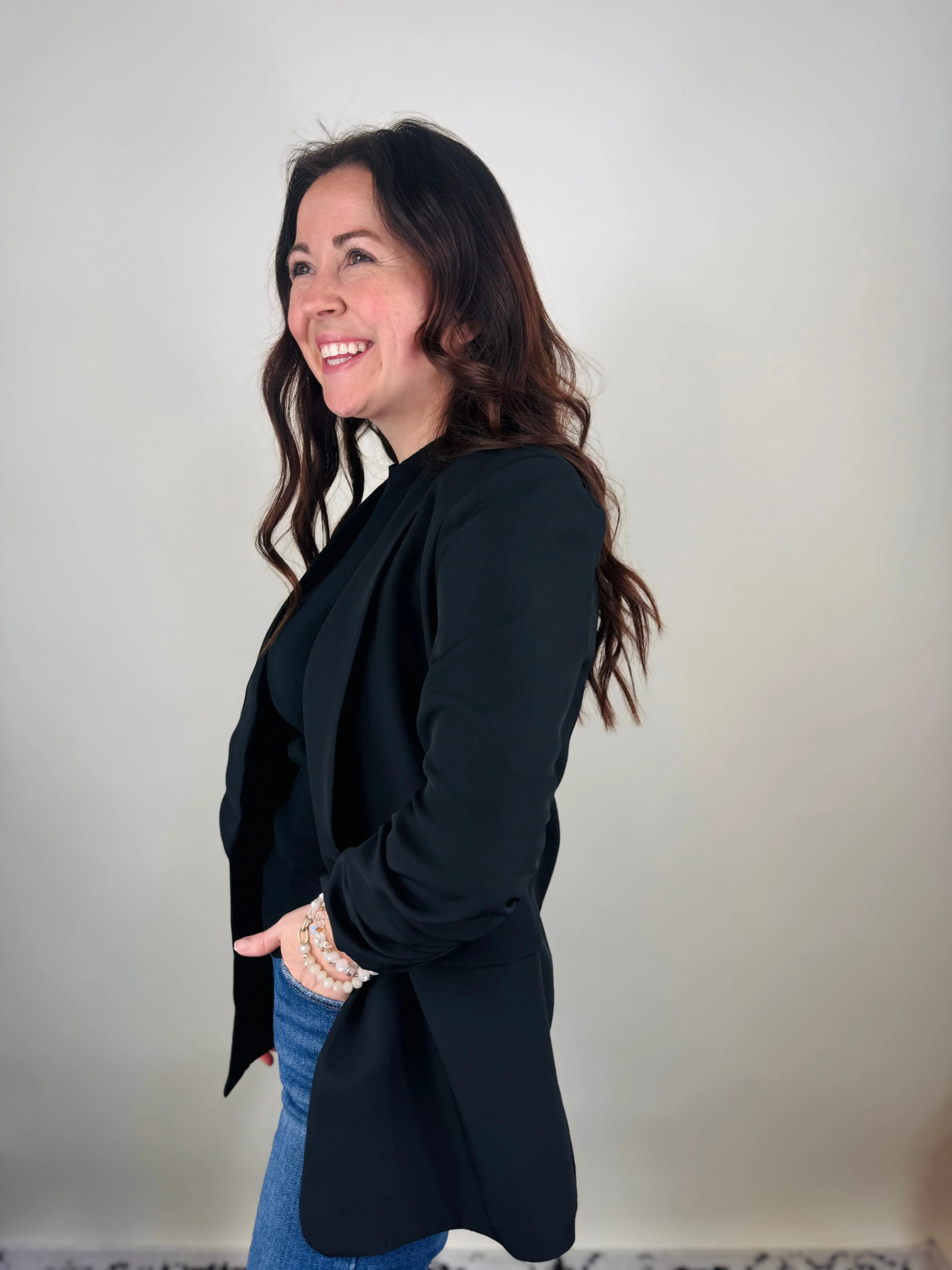 Full Disclosure Ruched Sleeve Blazer