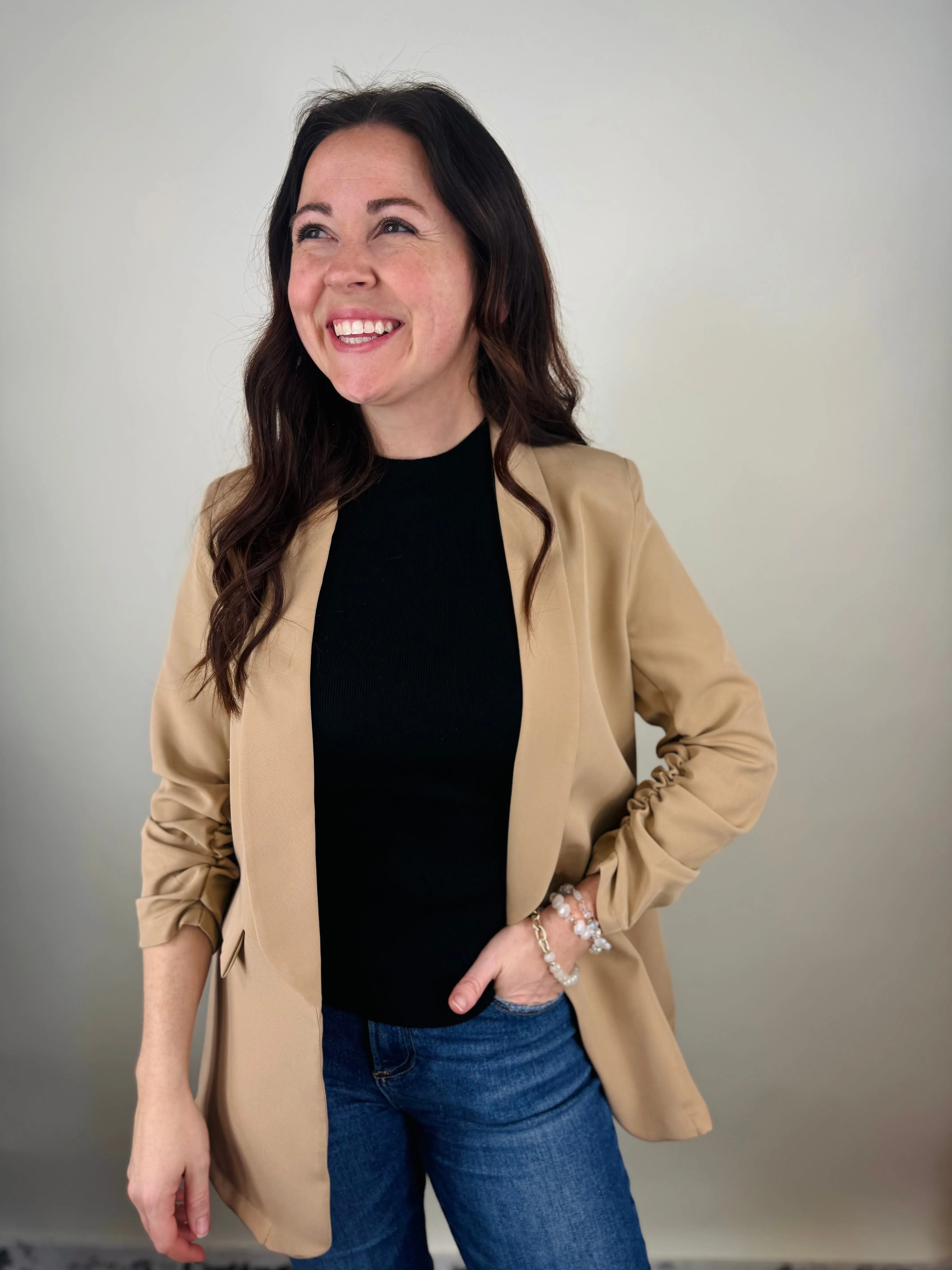Full Disclosure Ruched Sleeve Blazer