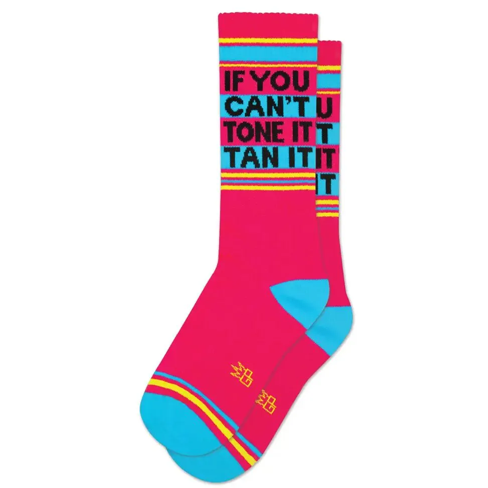 If You Can't Tone It, Tan It Gym Crew Socks | Deep Pink Cotton Socks | Unisex