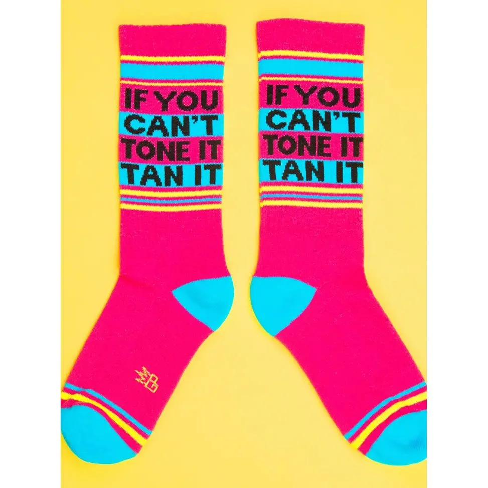 If You Can't Tone It, Tan It Gym Crew Socks | Deep Pink Cotton Socks | Unisex