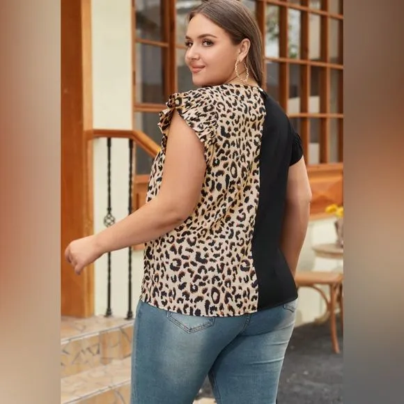 Leopard Plus-Size Block Flutter Sleeve Blouse