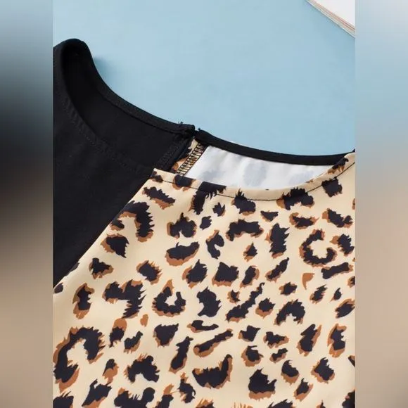 Leopard Plus-Size Block Flutter Sleeve Blouse