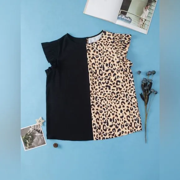 Leopard Plus-Size Block Flutter Sleeve Blouse