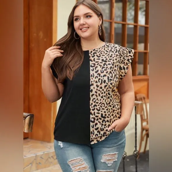 Leopard Plus-Size Block Flutter Sleeve Blouse