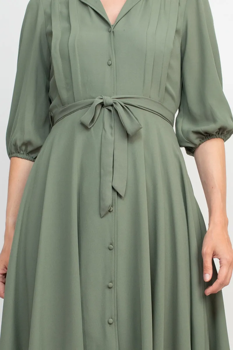 Nanette Lepore Collared Short Sleeve Pleated Tie Waist Solid Rayon Dress