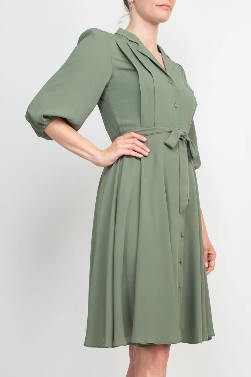 Nanette Lepore Collared Short Sleeve Pleated Tie Waist Solid Rayon Dress
