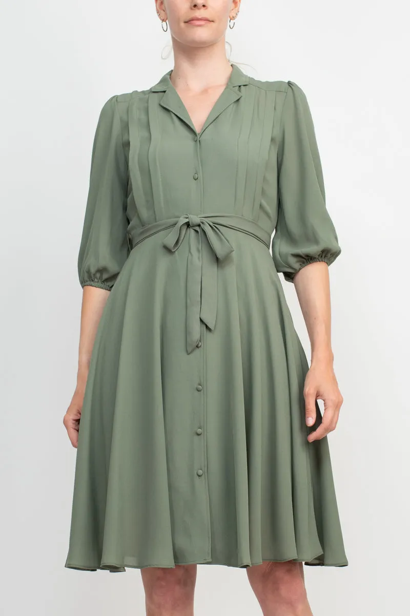 Nanette Lepore Collared Short Sleeve Pleated Tie Waist Solid Rayon Dress