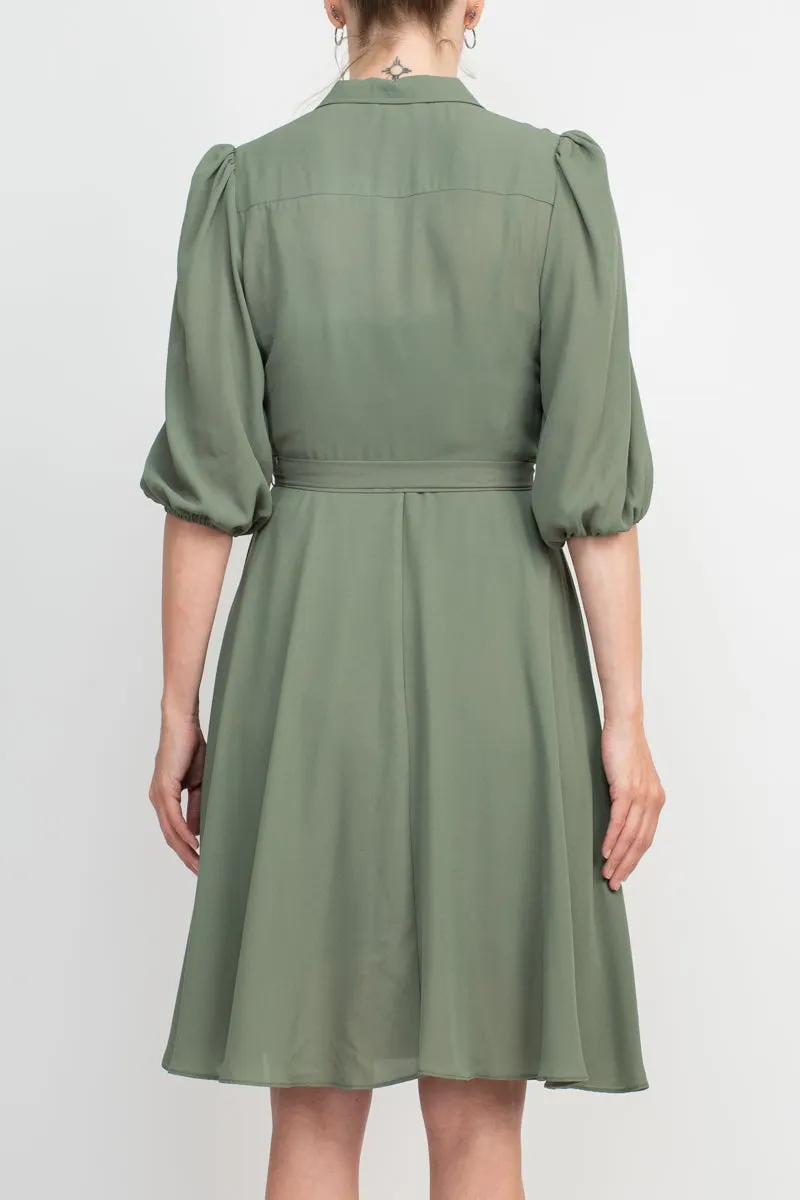 Nanette Lepore Collared Short Sleeve Pleated Tie Waist Solid Rayon Dress