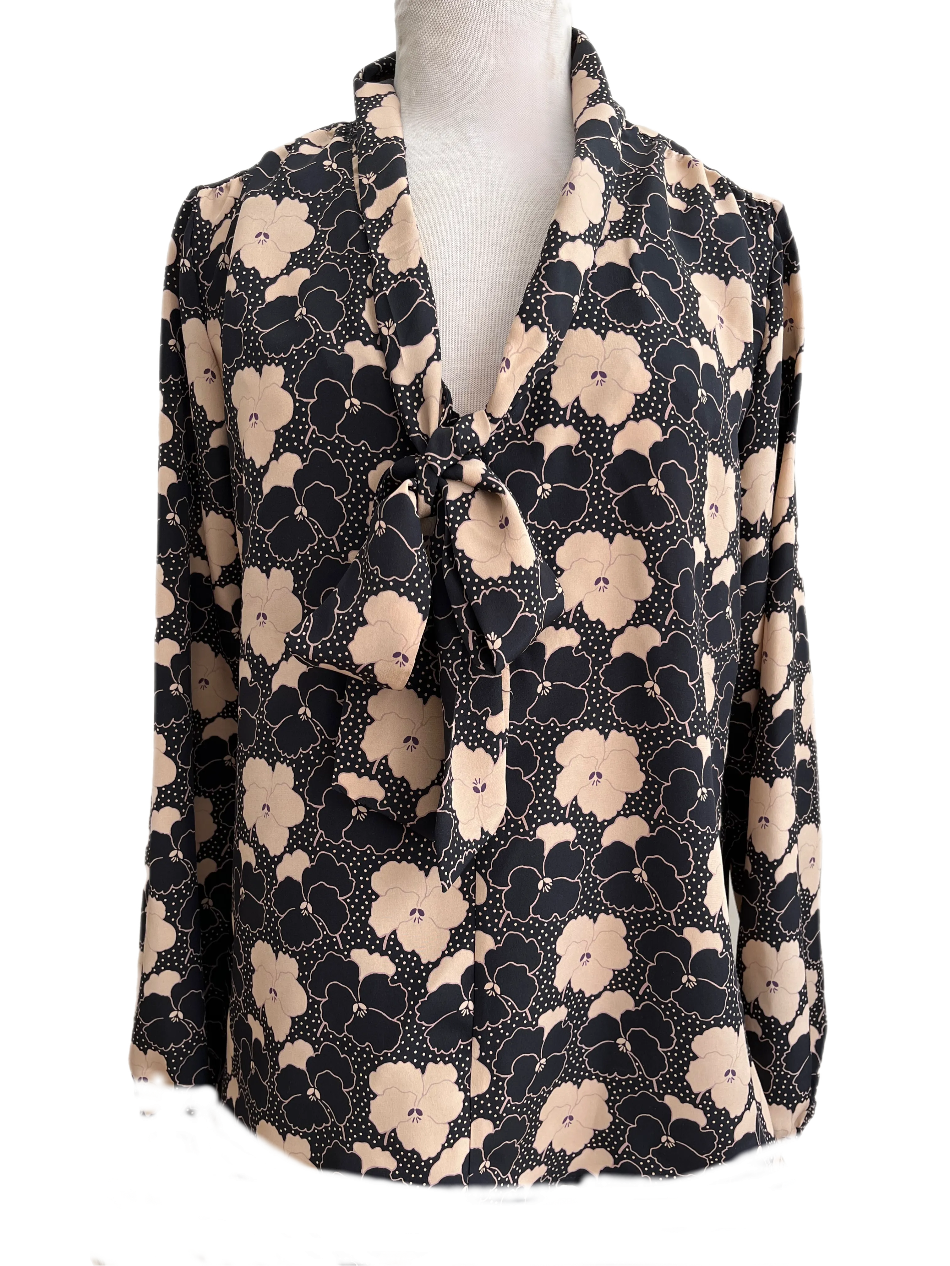 Tie neck pussy cat blouse in black floral silk