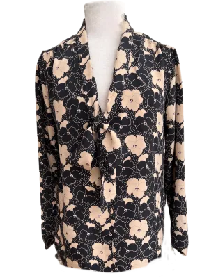 Tie neck pussy cat blouse in black floral silk