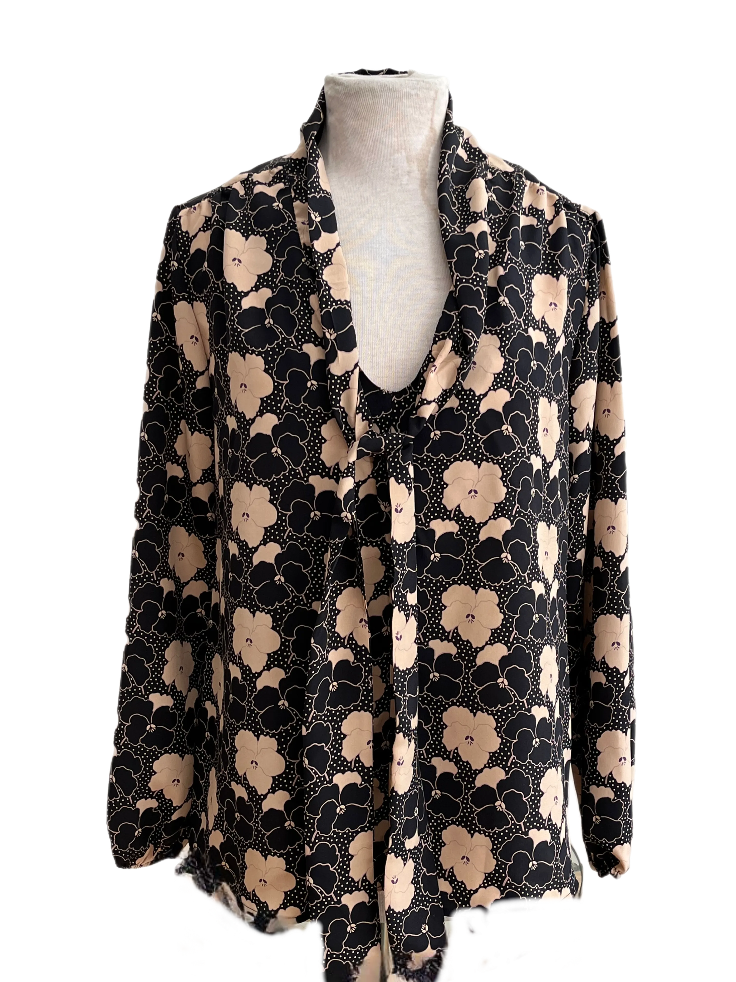 Tie neck pussy cat blouse in black floral silk
