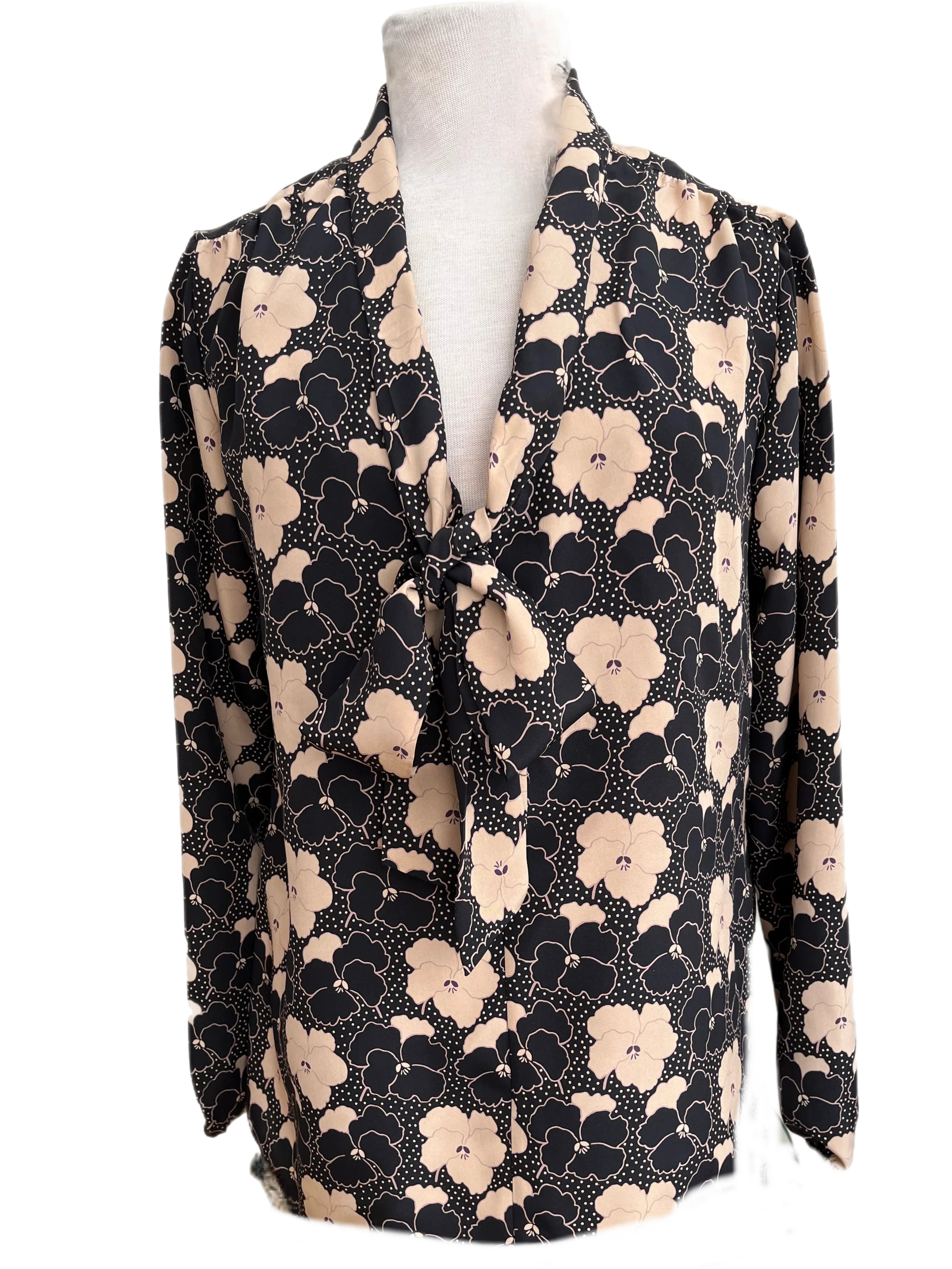 Tie neck pussy cat blouse in black floral silk